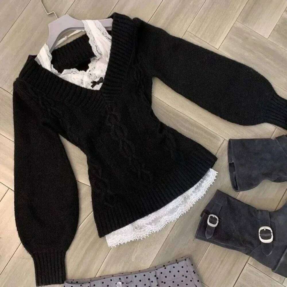 Fashion Simple V-neck Black Slim Waist Sweaters Y2k Long Sleeve Knitted Pullover Z260313