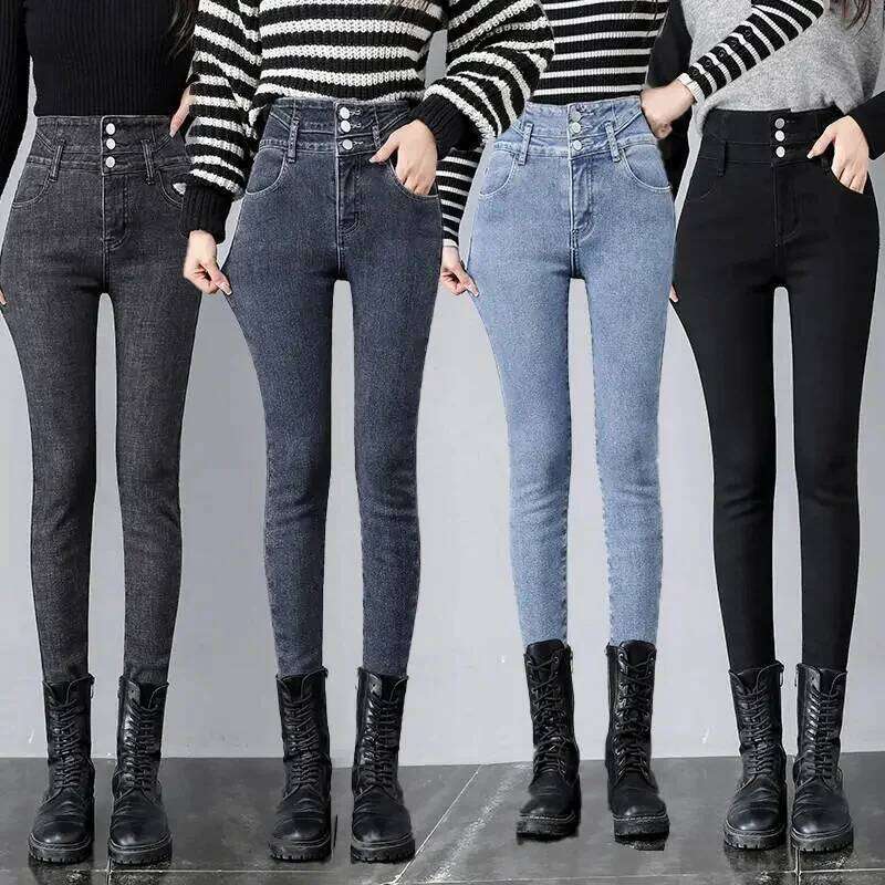 Winter Thick Velvet Women High Waist Skinny Jeans Simple Fleece Warm Fit Stretch Ladies Casual Slim Denim Pencil Pants Y2K Z260313