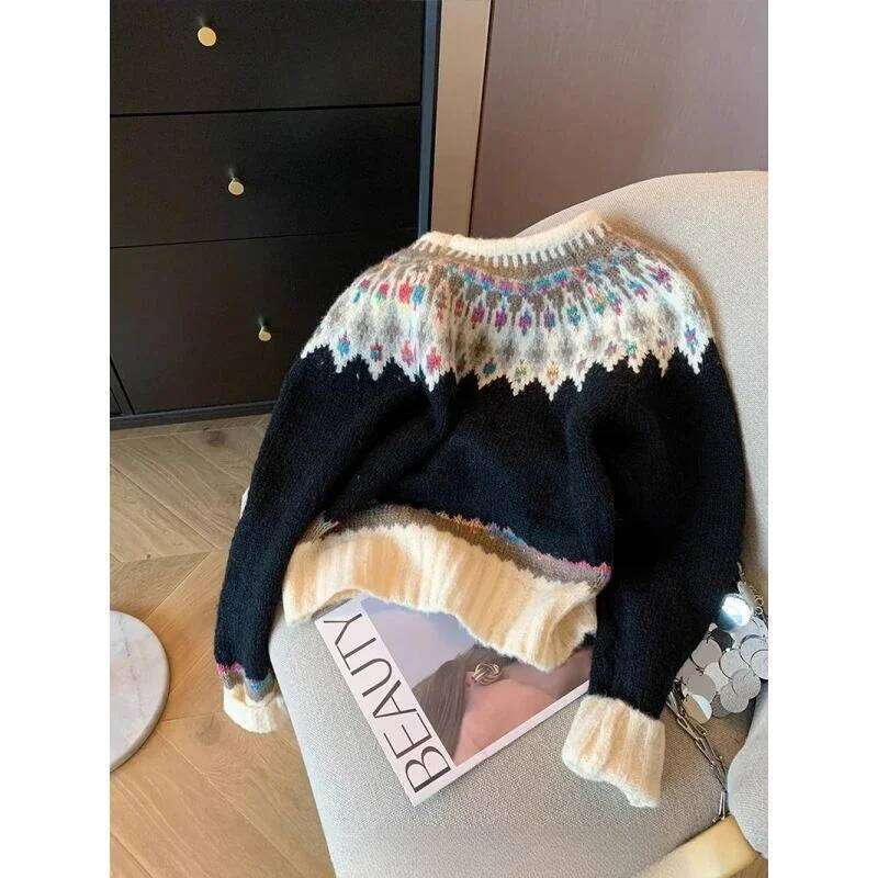 Retro Fair Isle Pattern Sweater Women Loose Knit Pullover Crew Neck Long Sleeve 2025 Winter Top Z260314