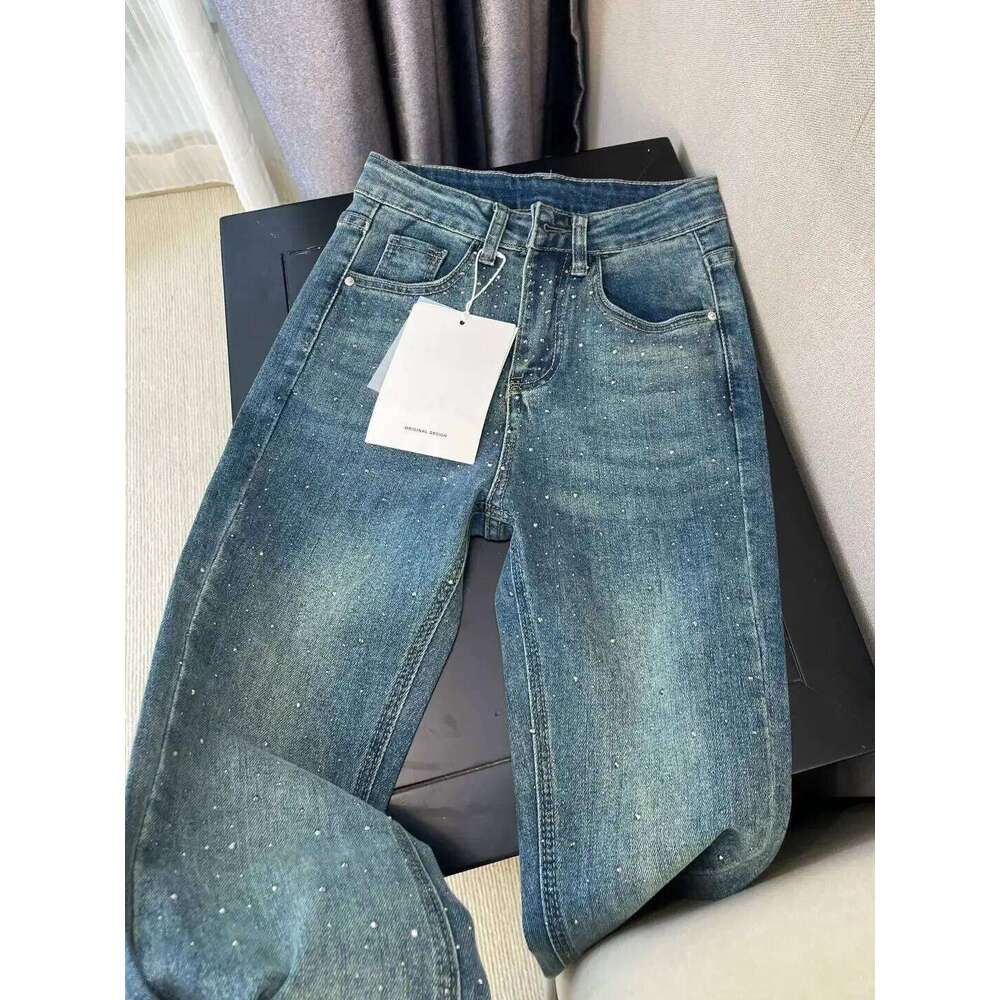 Retro Washed -encrusted Jeans Women's Spring Design Sense High-waisted Straight-leg Loose Wide-leg Mopping Pants Z260313