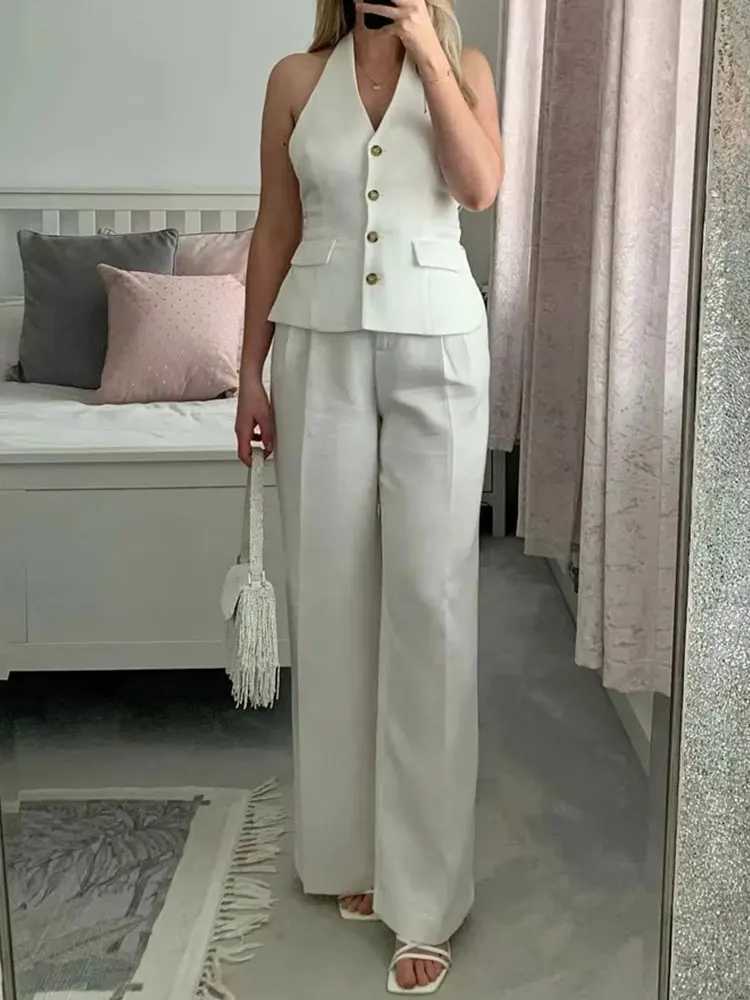 HH Women Fashion Solid Pant Suit Halter Single Breasted Sleeveless Blazer Vest Top Zipper Fly Trousers Office Lady Sets M260313