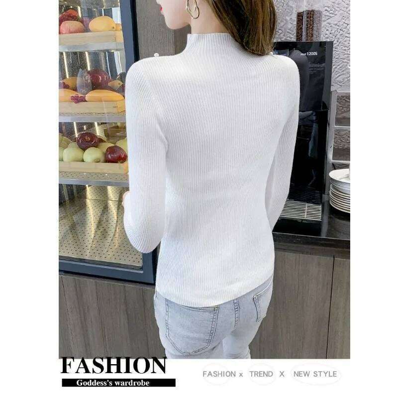 Sweater Solid Color Long Sleeve Pullover Women's Clothing Half High Collar Embroidered Flares Spring Autumn Screw Thread Tops Z260313