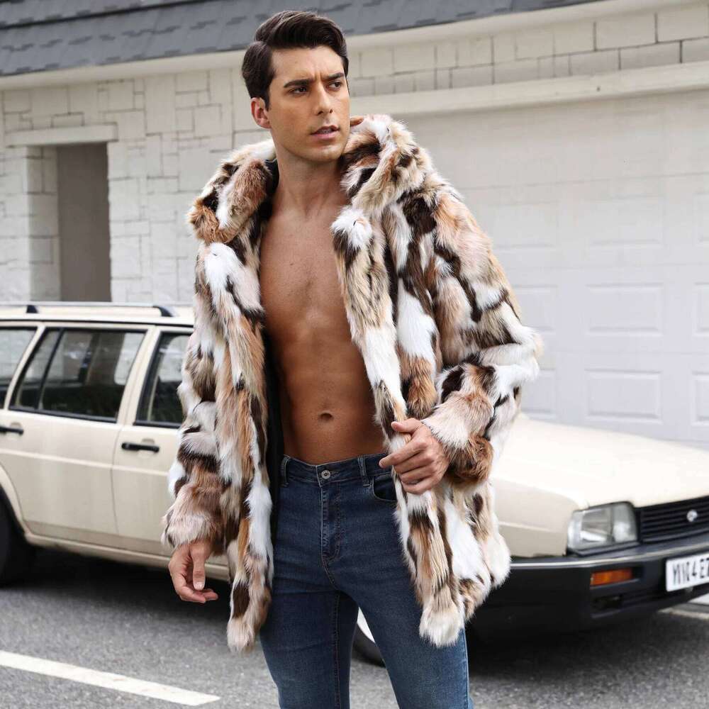 European American Autumn Winter New Fashion Men's Color-coded Casual Trendy Loose Long Sleeve Hooded Faux Fur Coats Male Tops Z260313