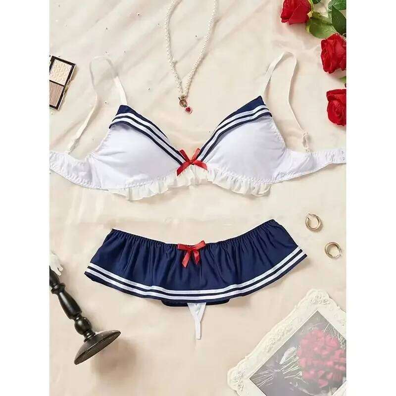 Erotic Student Uniform And Panty Set Underwear Transparent Bra Exotic Sets Sexy Thong Woman Porn Lingerie Women Costume