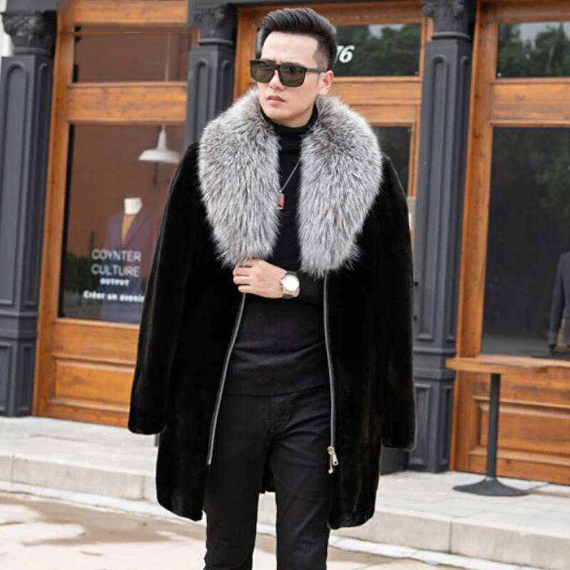 Men's Mink Coat Extra Long Oversized Silver Fox Fur Collar Casual Warm Jacket Z260313