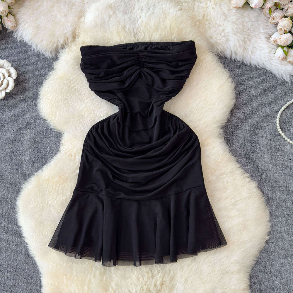 2026 French Elegant Women's Sexy Mesh Ruffle Strapless Dress with Waist Waist, Slimming Belt and Ruffle Tight corset