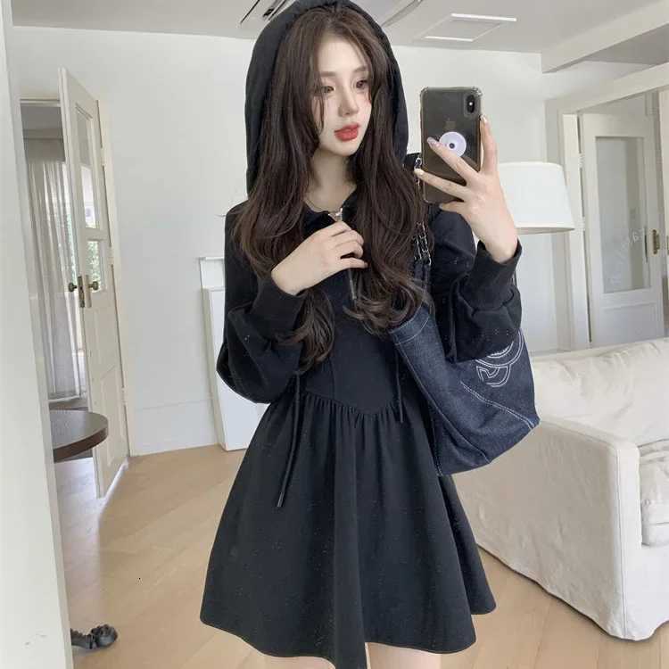 Plus Size Black Hooded Casual Dress Womens Autumn Winter Slimming A- Line Short Skirt Waist-Cinching Comfortable Polyester FibeT260314