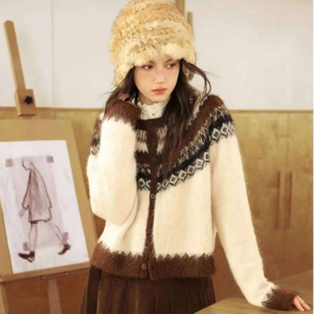 Nordic Style Womens Knitted Cardigan Sweater Alpaca Wool Retro Winter Autumn Color Block Jacquard Long Sleeve Casual Top Z260313