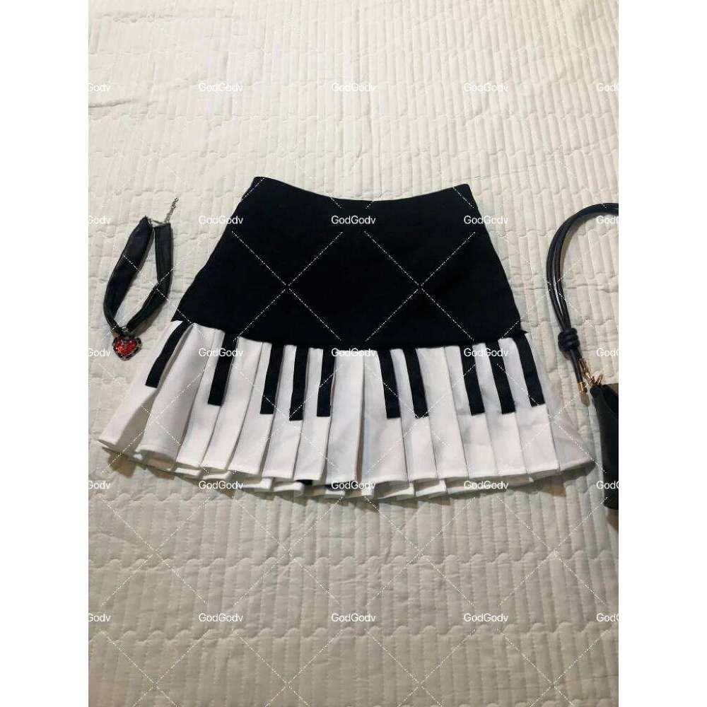 2000s Aesthetic Elegant Women Piano skirt Stripe Design Y2k Slim Mini Skirt Female Black White Spliced Korea Style Chic Outfits Z260314