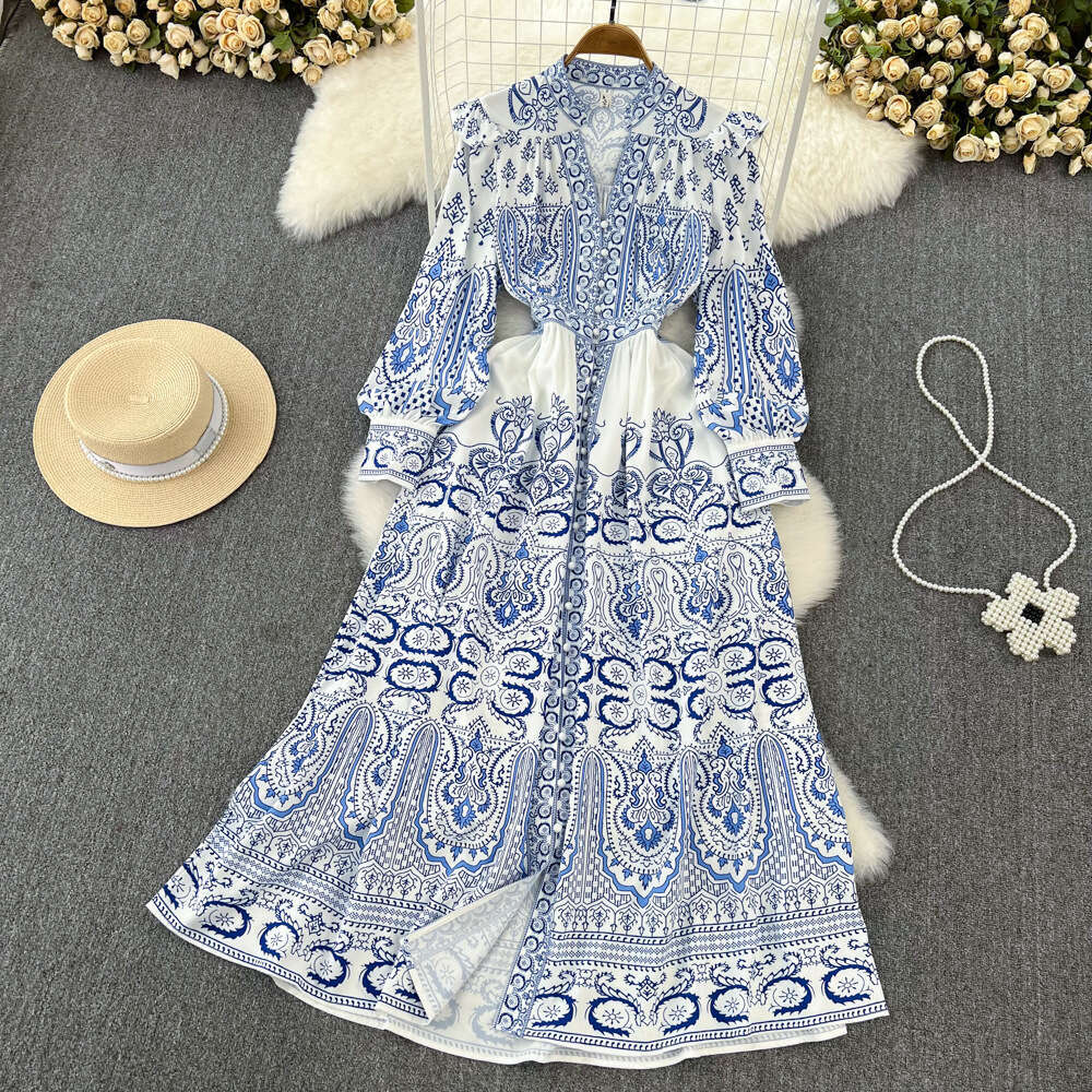 Spring and Autumn Vintage Palace Style Elegant Ruffle V-neck Single breasted Lantern Sleeve Waist A-line Printed Dress