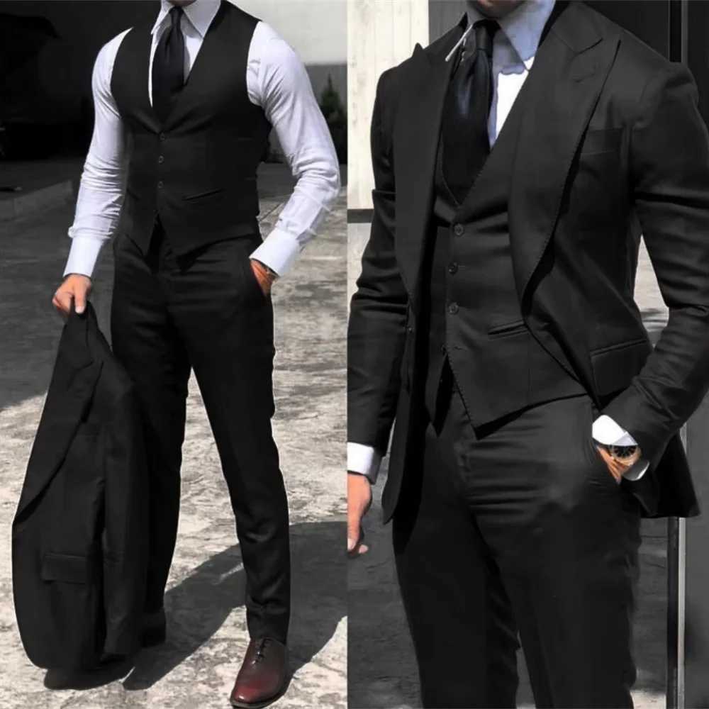 Formal 3PCS Men Tuxedos Fashion Blazer Vest Pants Business Men Suits Peaked Lapel Blazer Suits for Party Wedding Groom Tuxedos M260313