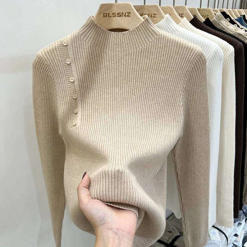 AOSSVIAO 2025 Autumn Winter New Sweater Women's Turtleneck Solid Color Pullovers Korean Long Sleeve Slim Button Femme Warm Tops Z260314