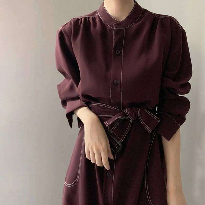 REALEFT Spring Autumn Single Breasted Women's Shirt Dresses Sashes 2024 New Stand Collar Korean Casual Straight Dress Female Z260313