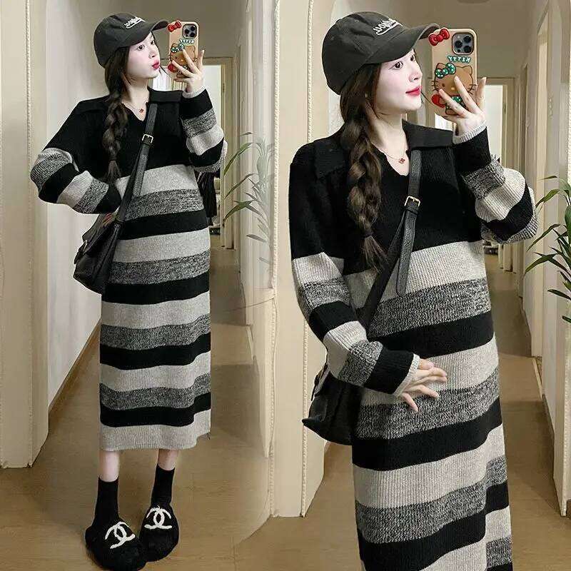 Striped Knit Dress For Women Long Sleeve Polo Neck Loose Fit Mid Calf Length Casual Style Autumn Winter Wear Z260313