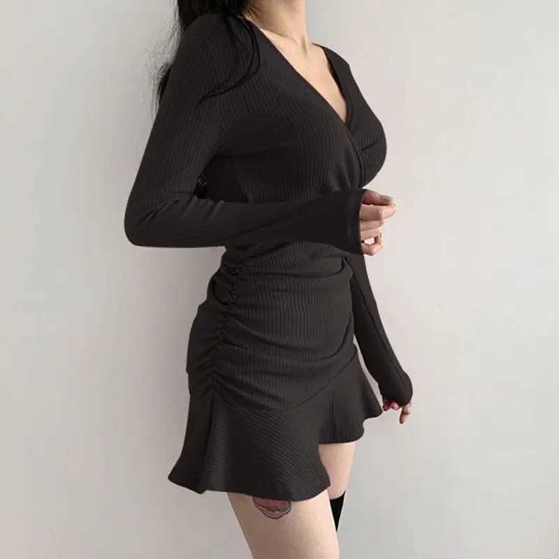 2024 New V Neck Polyester Dress Woman Summer Fashion Long Sleeve Dress Womens Dress Loose Korean Style Women ShirtsT260314