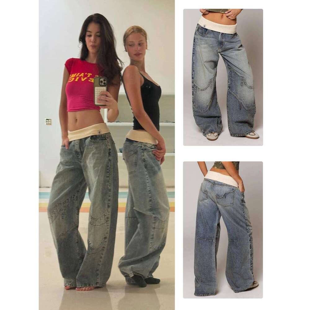 Revice Denim Straight Jeans Ribbed Waistband, Vintage Washed Light Blue Wide Leg Pants with Heavy Embroidery Z260313