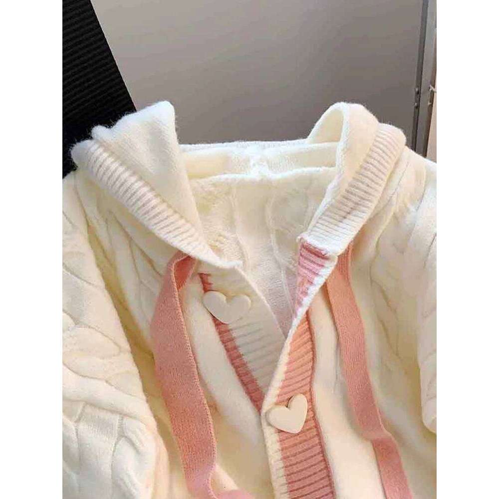 Cute Sweet Cardigan Sweaters Women Lazy Wind White Knitted Coats Long Sleeve Loose Female Japan Kawaii Elegant Hooded Tops Z260313