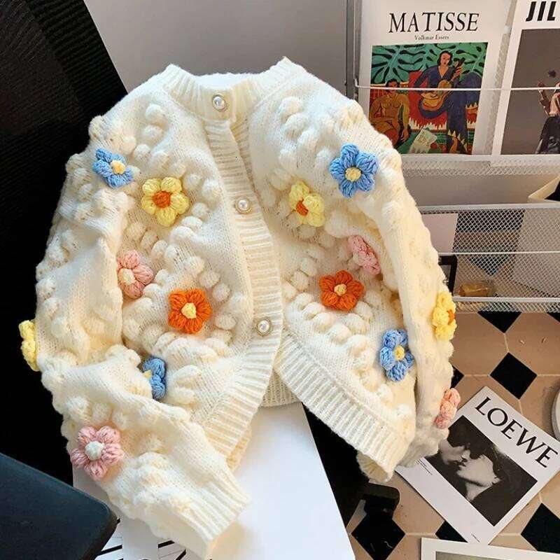 New Autumn and Winter Handmade Crochet Knitted Sweater Women's Three-dimensional Ball Flower Embroidery Cardigan Z260313