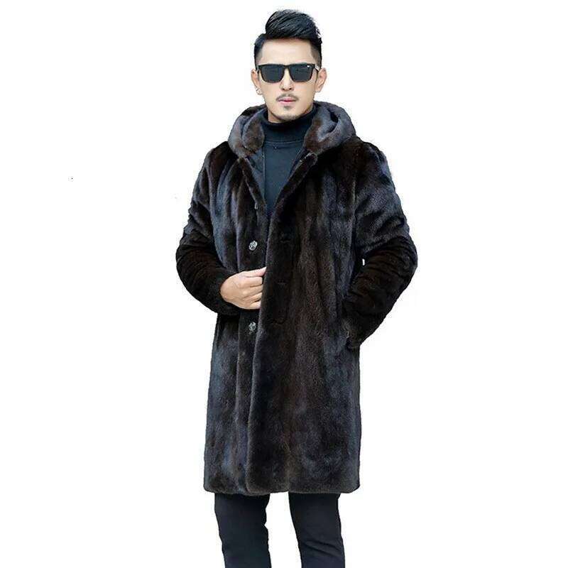 Men Faux Fur Hooded Single Breasted Jackets Thick Warm Straight Midi Length Jacket Pockets Casual Autumn Winter Z260313