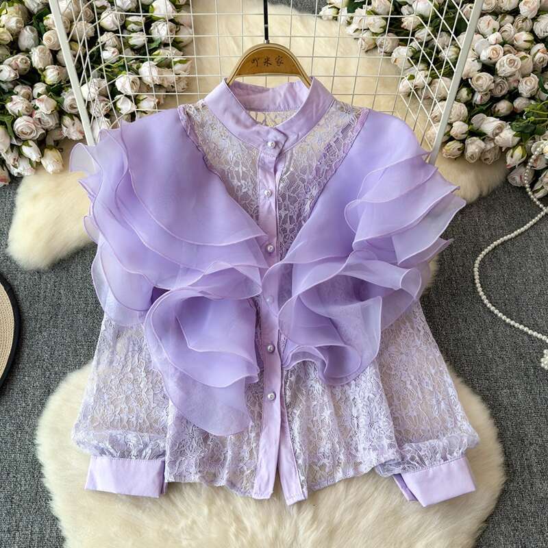 Spring and Autumn New Designer Lightweight Luxury Fairy Pink Ruffle Palace Noble A13 Style Lace Shirt