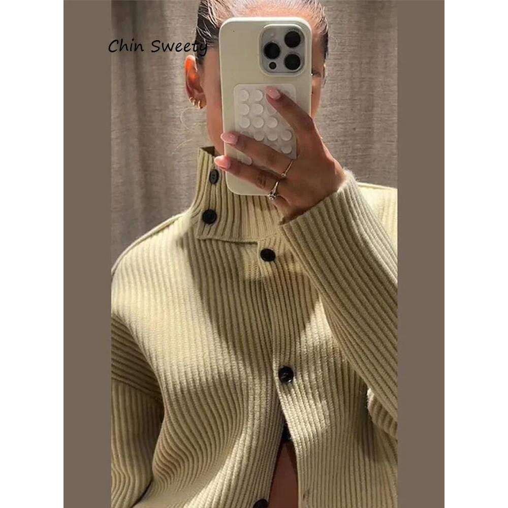 Women's High Neck Coat Knit Cardigan Outwear Solid Color Buttoned Jackets Long Sleeve Loose Casual Street Autumn Winter Clothes Z260314