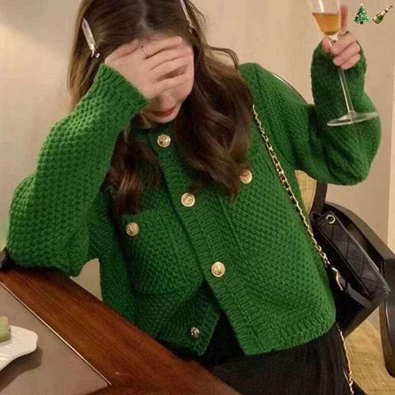 Knitted Cardigan French Vintage Gold Buttons Sweater Women Autumn Winter Luxury Short Straight Coat Knitwear Green Red Z260313