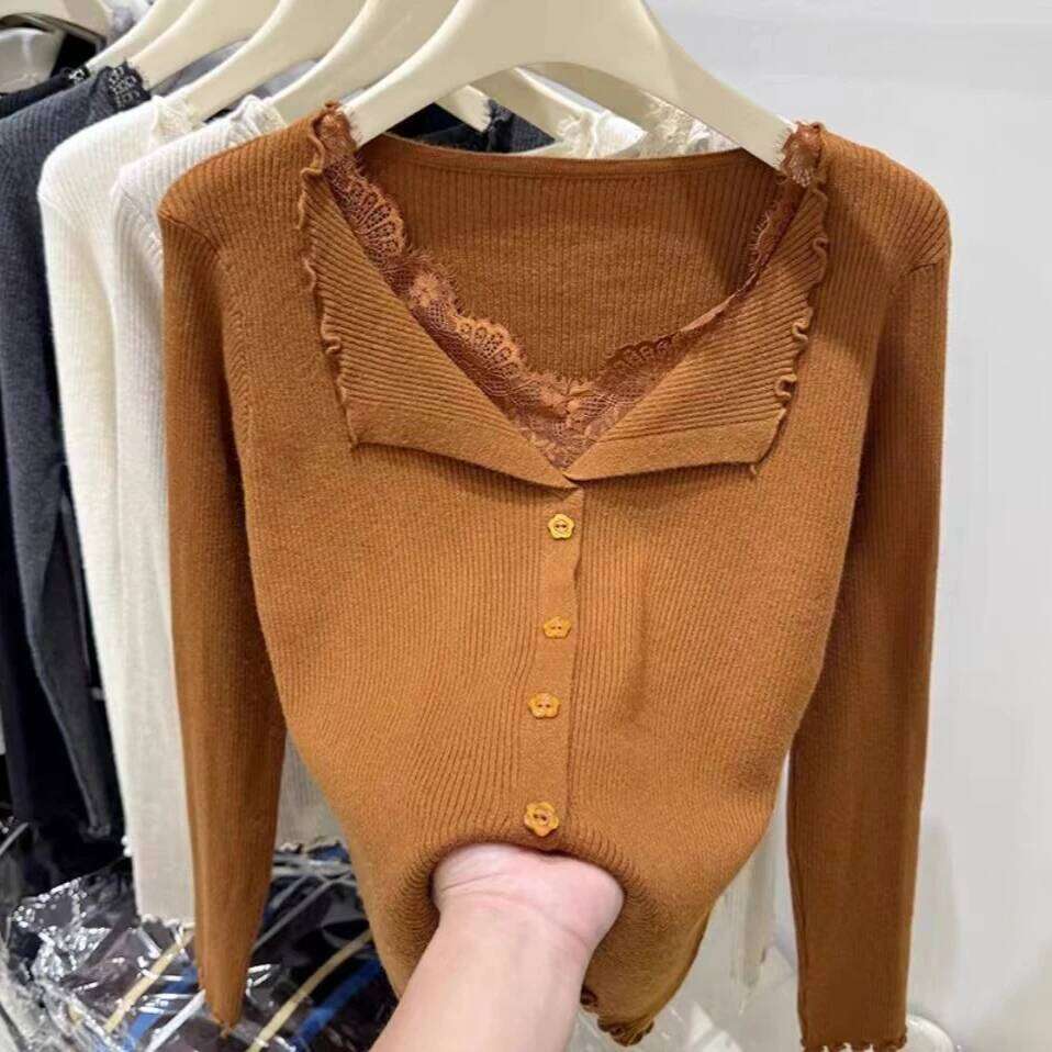 Fashion Slim Long Sleeve Single Breasted Cardigan Women's Knitted Sweater Autumn Winter Casual Lace Splice V-neck Women Sweaters Z260314