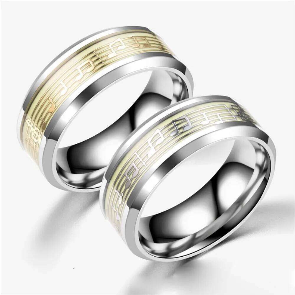 Glow-in-the-Dark Piano Music Note Stainless Steel Rings - Perfect for Casual Attire & Parties H260312