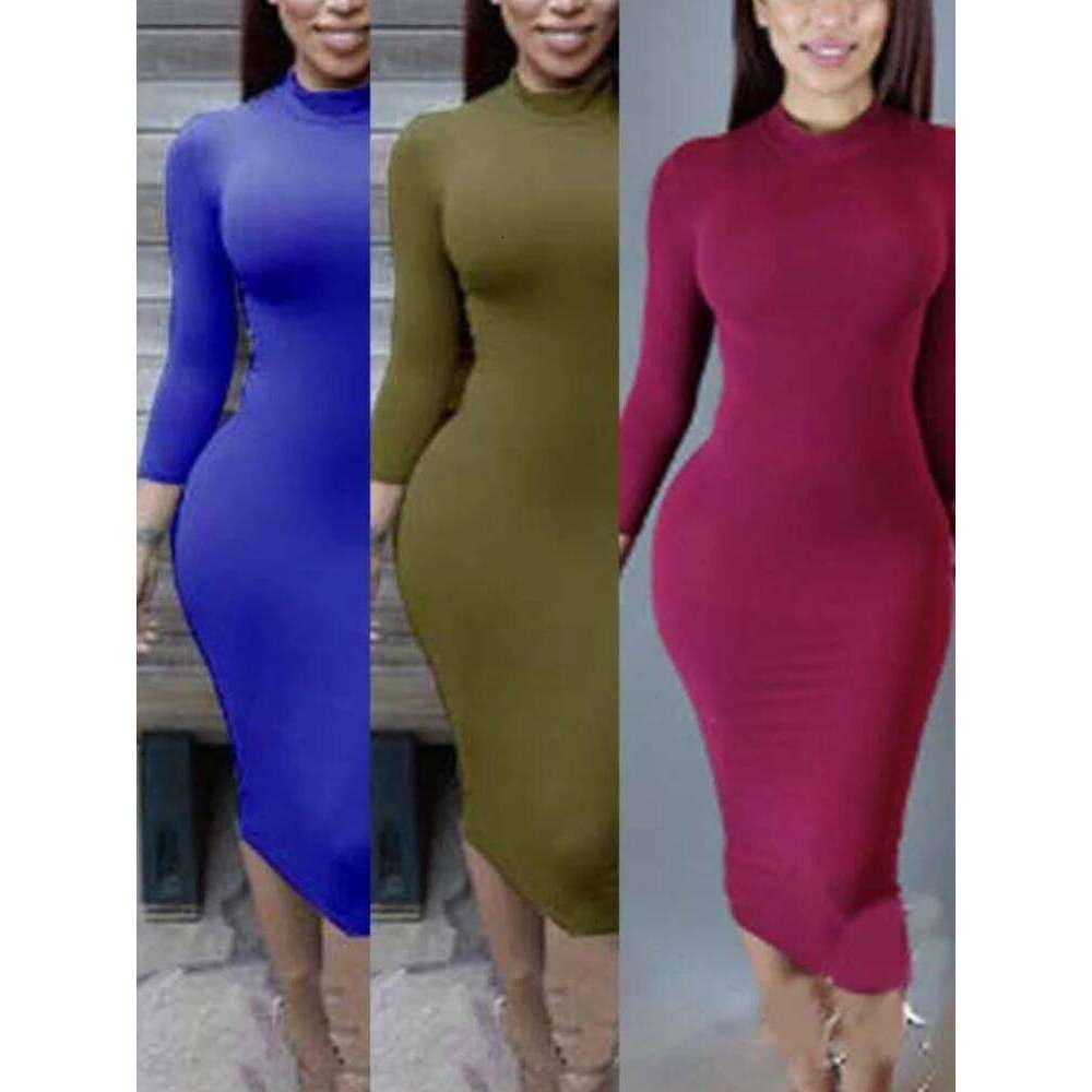Sexy Solid Color Elastic Slim Bodycon Women Long Sleeves Girdling Waist Skinny Dress Elegant Club Party Vestidos Z260313