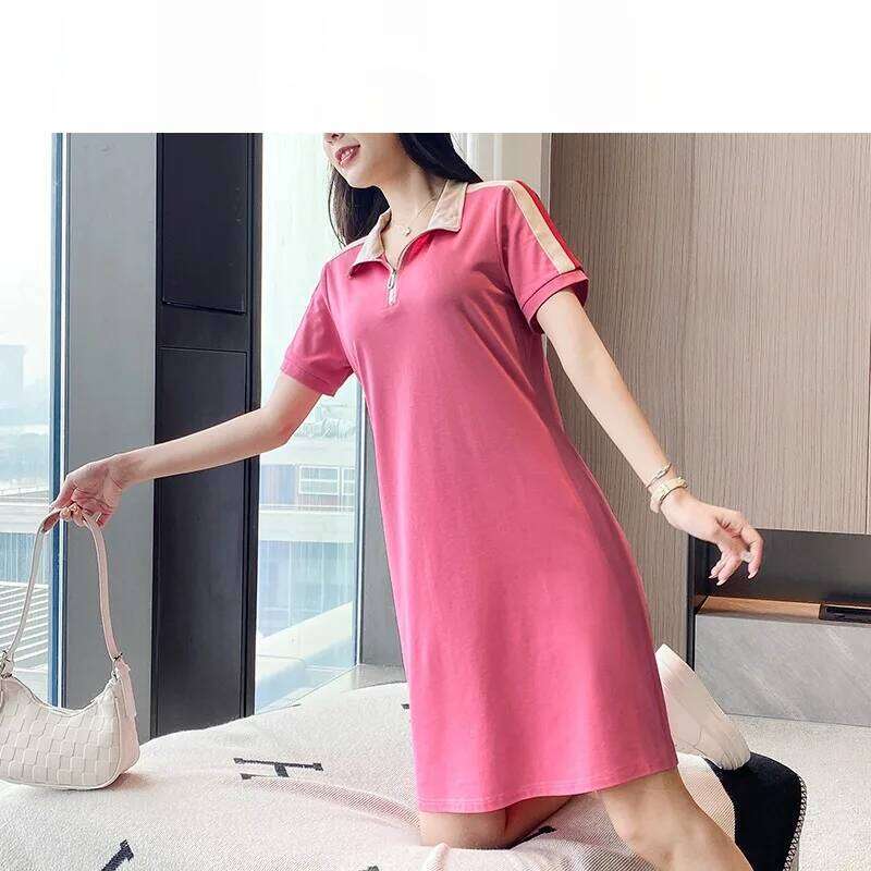 Women's Summer Pullover Turtleneck Solid Zipper Short Sleeve Casual Vacation Vintage Loose Elegant Knee Office Lady Dress Z260314