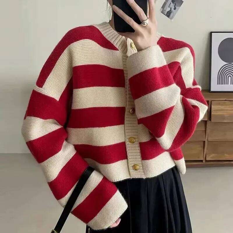 Cardigan Autumn/Winter Button Loose Sweater Jacket Women's High end Small Fragrant Striped Knitted Sweat Z260314