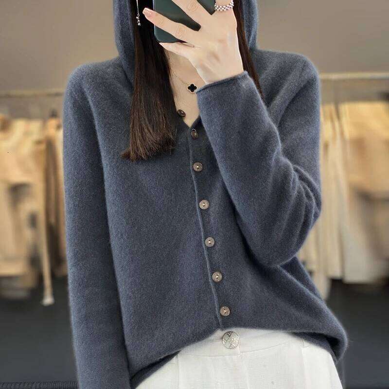 Cashmere 100% Merino Wool Women's Hooded Sweater Cardigan Solid Color Warm Loose Knit Top Z260313