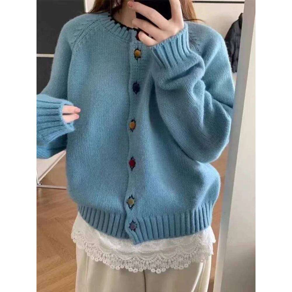 2026 Autumn Winter Coat Loose Fit O-Neck Knitted Cardigan Women's Single Button Contrast Color Lazy Korean Style Sweater Z260313