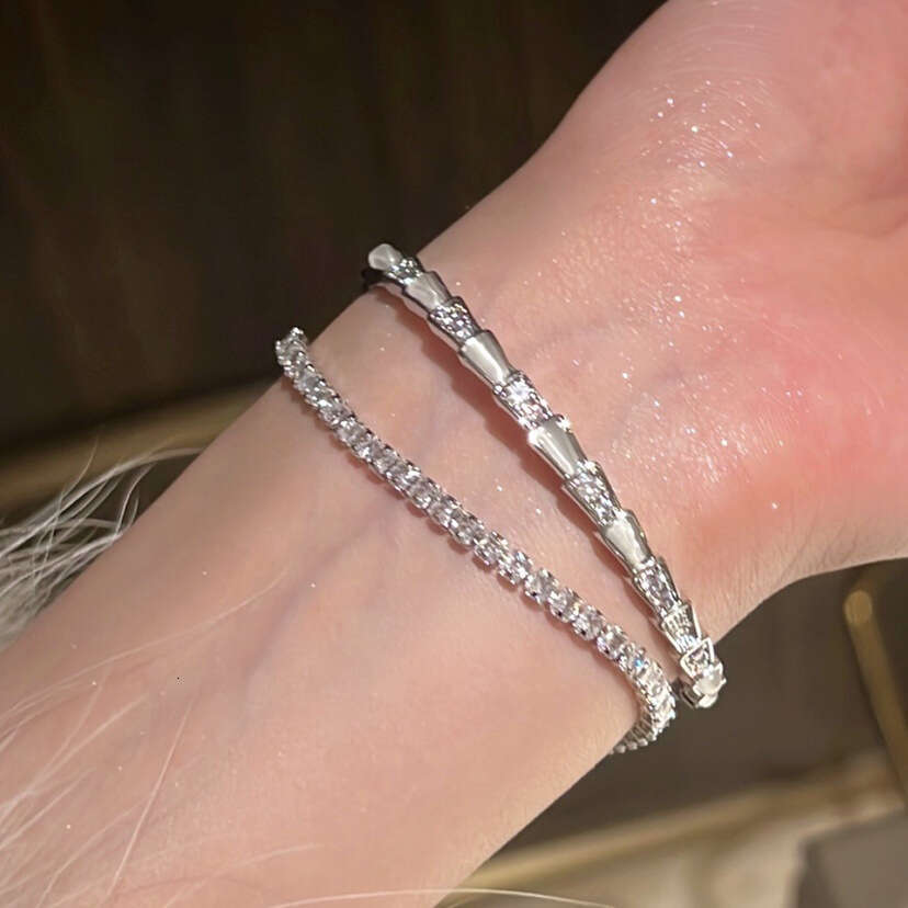 Women Jewelry Bracelets Charm Bracelets Snake-Shaped Mother-of-Pearl Titanium Steel Non-Fading Sparkling Zircon INS Style Open Silver Fashion Women Br