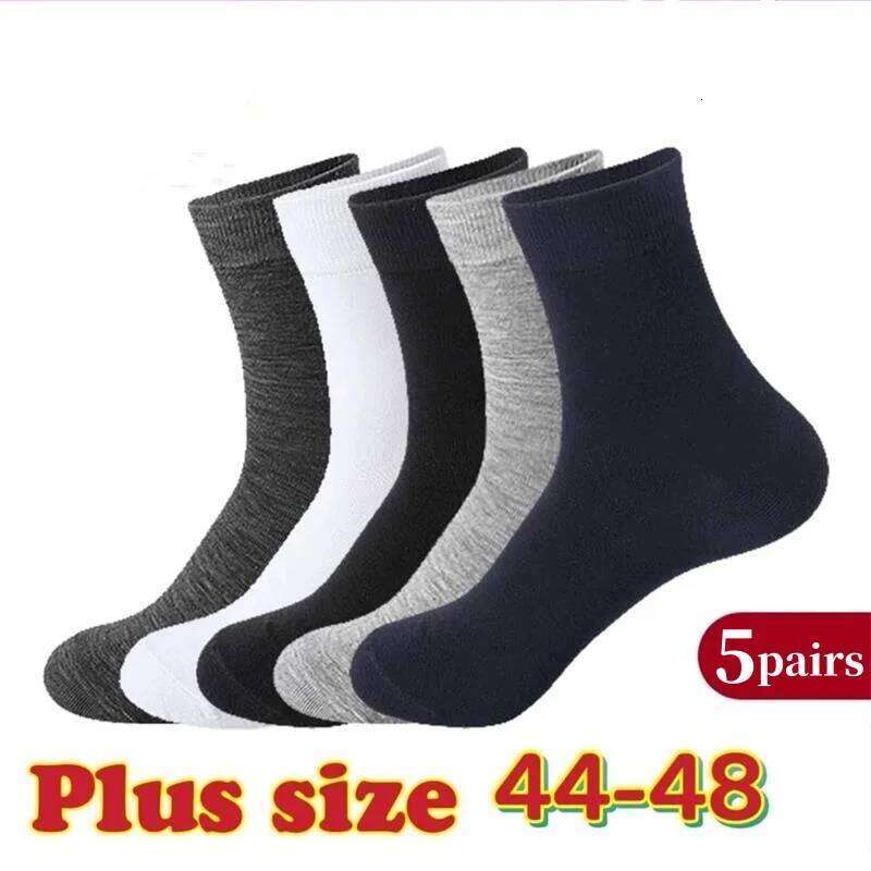 5Pairs/Lot Solid Color Cotton Black Business Soft Breathable High Elastic Men's Mid-tube Socks Large Size EU48 Z260313