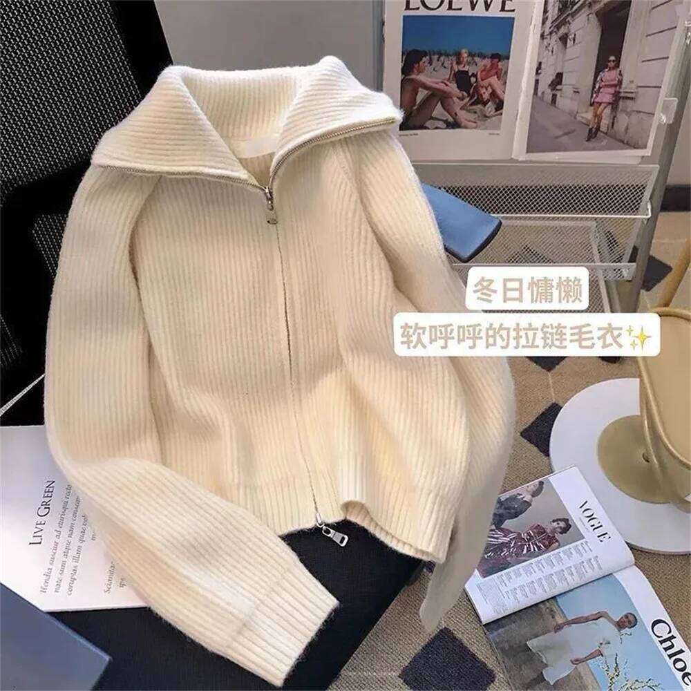 Double Zipper Vintage Flip Collar Women Harajuku Autumn Winter Knitted Cardigan Sweater Jacket Student Korean Version Ladies Top Z260314