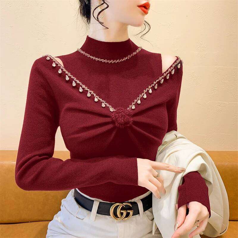 2025 New European Clothes Knitted Sweater Women Chic Sexy Hollow Out Beading Flower Knitwear Long Sleeve Pullovers Z260313