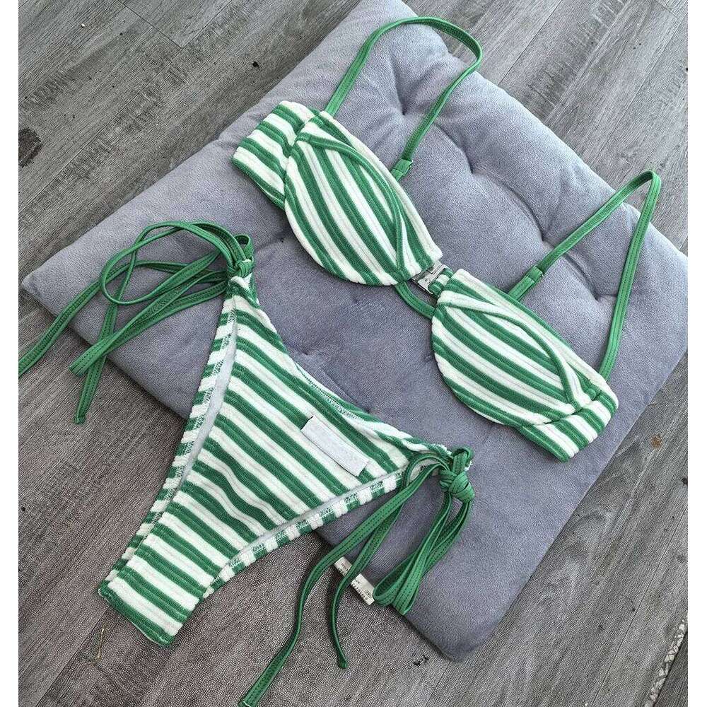 2026 Summer New Women's Fashion Striped Sexy Hanging Neck Strap Split Bikini 26H0313