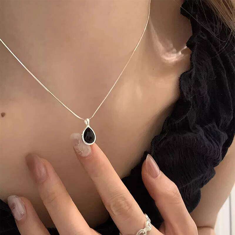 Foxanry Black Zircon Water Drop Snake Chain Necklaces For Women Couples Minimalist Classic Trendy Elegant Daily Accessories H260312