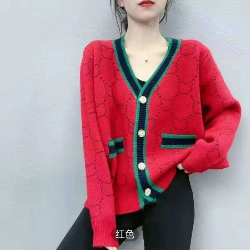 Knitted Cardigan Spring and Autumn New V-neck Top for Women's Casual Color Block Z260313