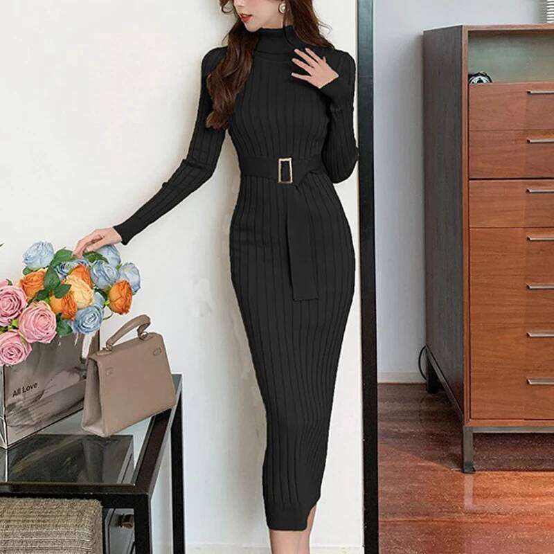 YuooMuoo Chic Fashion Sexy Package Hips Rib Knitted Bodycon 2024 Autumn Winter Turtleneck Belt Sweater Dress Long Vestidos Z260314