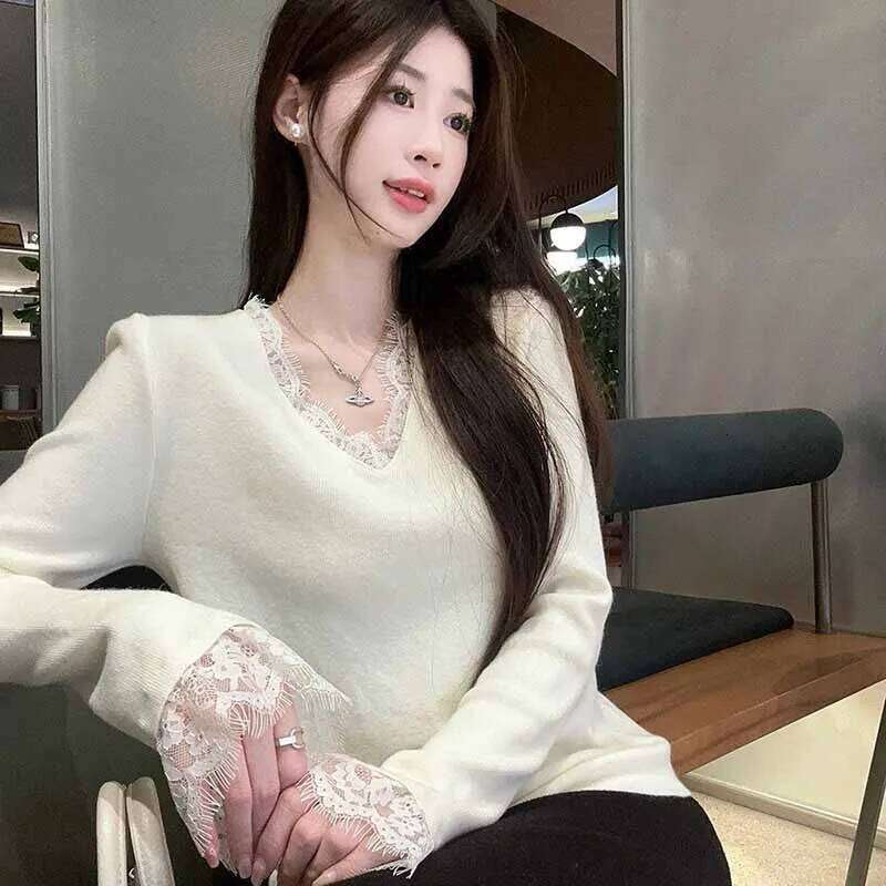 Fashion Lace V-Neck Knitted Sweater for Women Elegant Temperament Long Sleeve Jumpers Ladies Fall Winter Bottoming Pullover Z260313