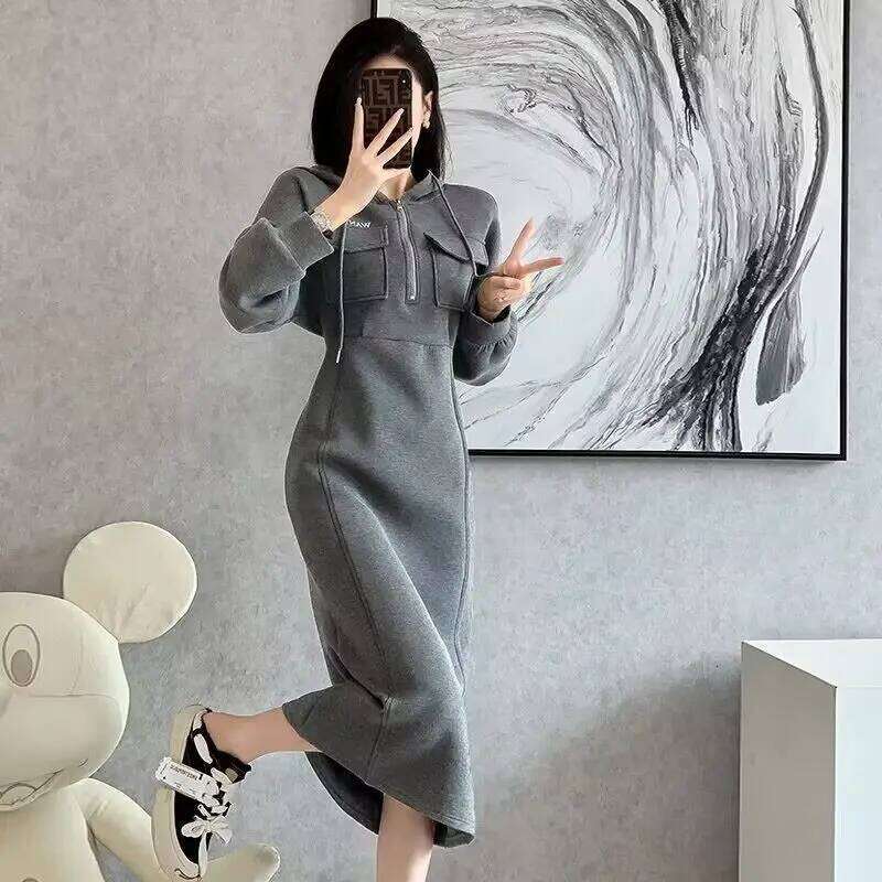 Female Clothing Casual Hooded Midi Dress A-Line Waist Spring Autumn Solid Color Basic Long Sleeve Chic Pockets Spliced Dresses Z260314