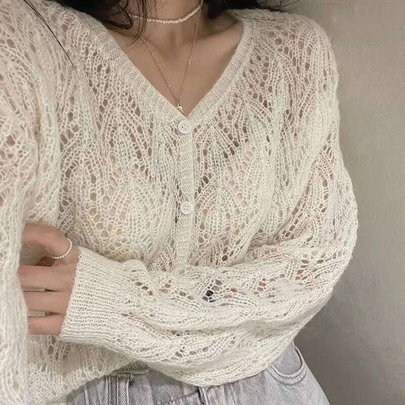 Cardigan Women V-neck Sexy Hollow Out Long Sleeve Single Breasted Sweet Solid Color Female Daily Thin Spring Autumn Breathable Z260313