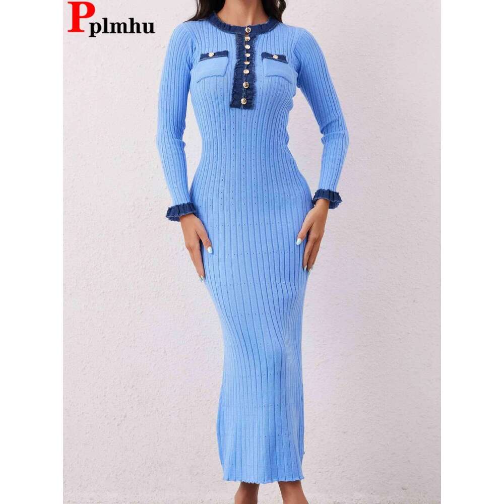 Korean Design Knitted Slim Sweater Dress Fall Winter New Long Sleeve Knit Dresses Women Elegant O-neck Sexy Knitwears Vestidos Z260314