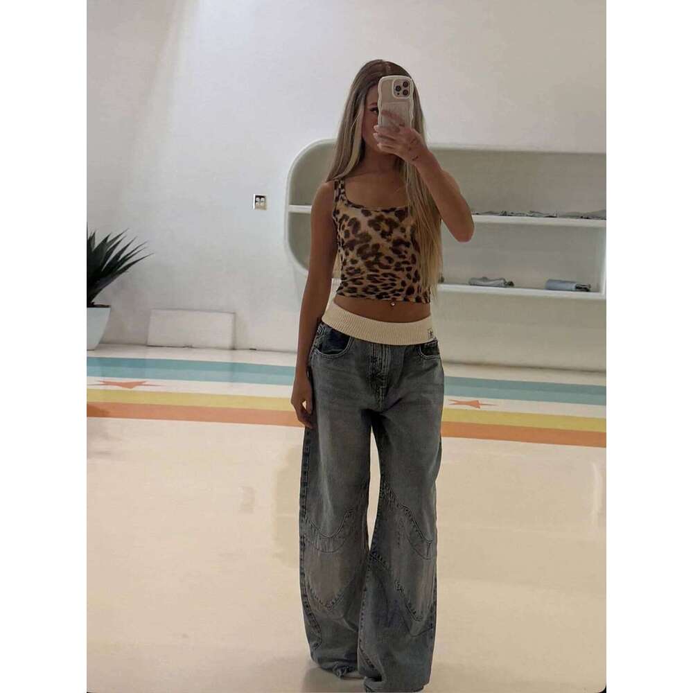 Revice Denim Straight Jeans Ribbed Waistband, Vintage Washed Light Blue Wide Leg Pants with Heavy Embroidery Z260313