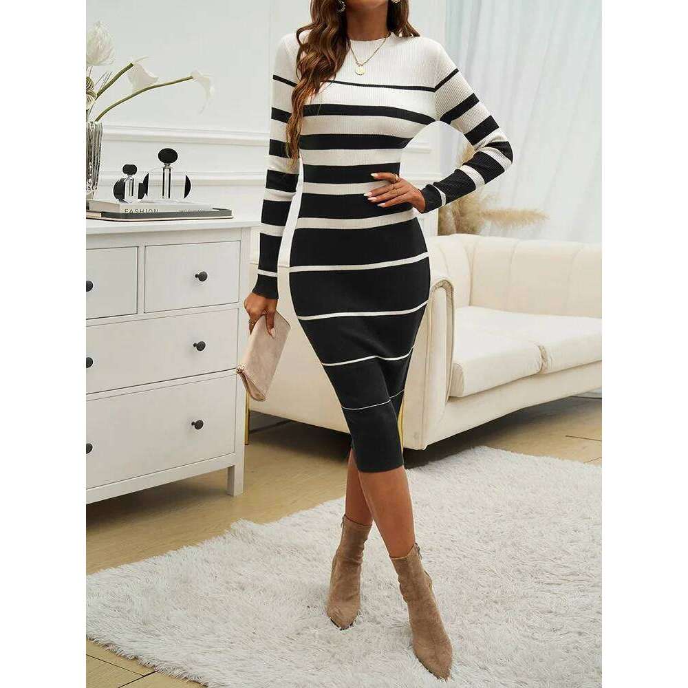 Women Sweater Long Dresses,2024 Autumn Steiped Casual Dress,Women Clothing,dresses 2024 Women,Long Sleeve Dresses Z260314