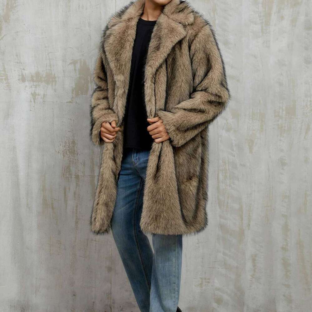 Men's Autumn Winter Faux Fur Coat Long Sleeve Turn Down Collar Open Front Jacket Z260313