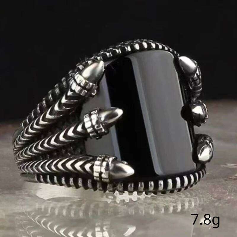 European and American Retro Pattern Black Curved Gemstone For Men's Punk Fashion Ring H260312