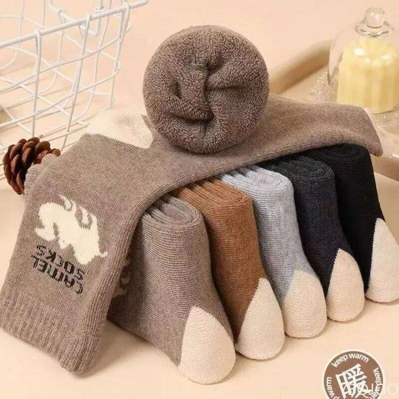 5Pairs Simple Thick Wool for Men Soft Warm Winter Mid Tube Plush Sports Socks Skiing Hiking Gray Khaki Women Z260313